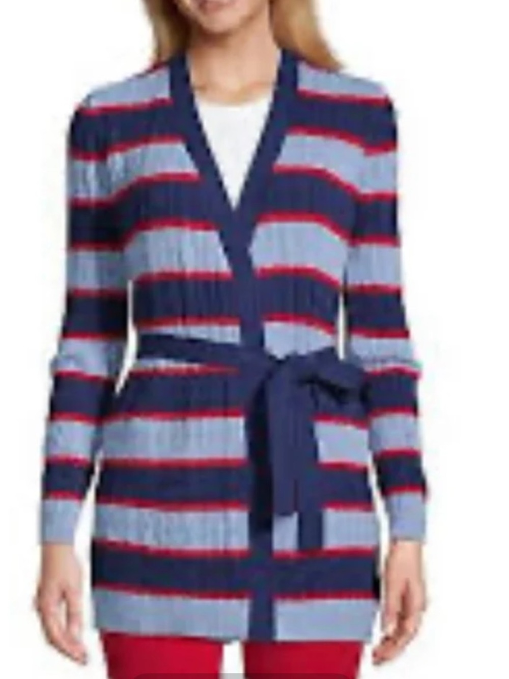 Lands’ End Belted Cable Knit Cardigan Sweater Small Blue Red Stripe 100% Cotton